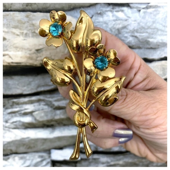 Vintage Signed Coro Art Deco Glass Blue Rhinestone Flower Gold Metal Brooch Pin - Picture 2 of 9